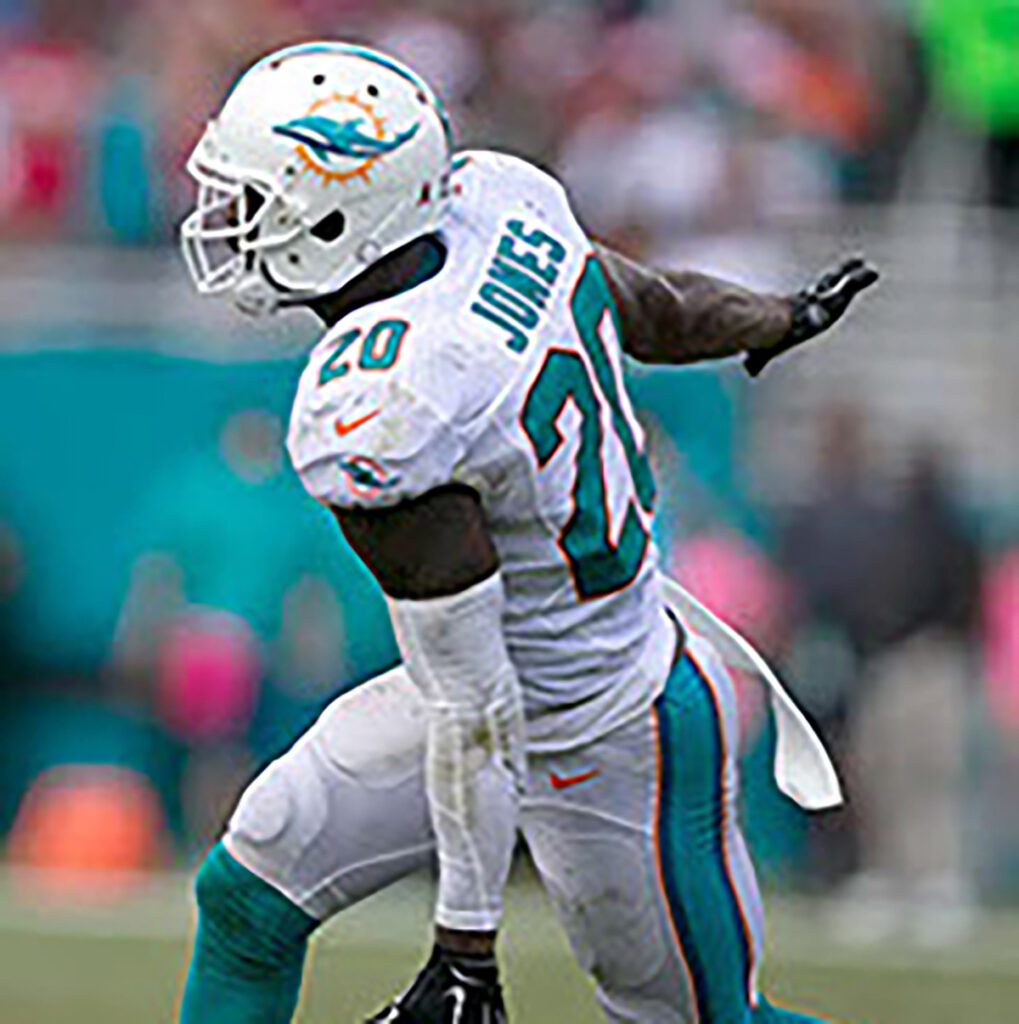 Miami Dolphins strong safety Reshad Jones (20) celebrates a sack that was nullified by a penalty on the Dolphins at Sun Life Stadium in Miami Gardens, Florida on October 25, 2015.  (Allen Eyestone / The Palm Beach Post)